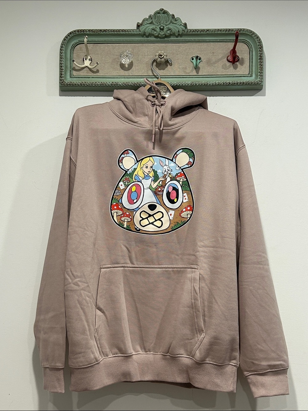 OWNYC Taupe Pullover Hoodie with Alice Bear Motif adult large unisex NWOT